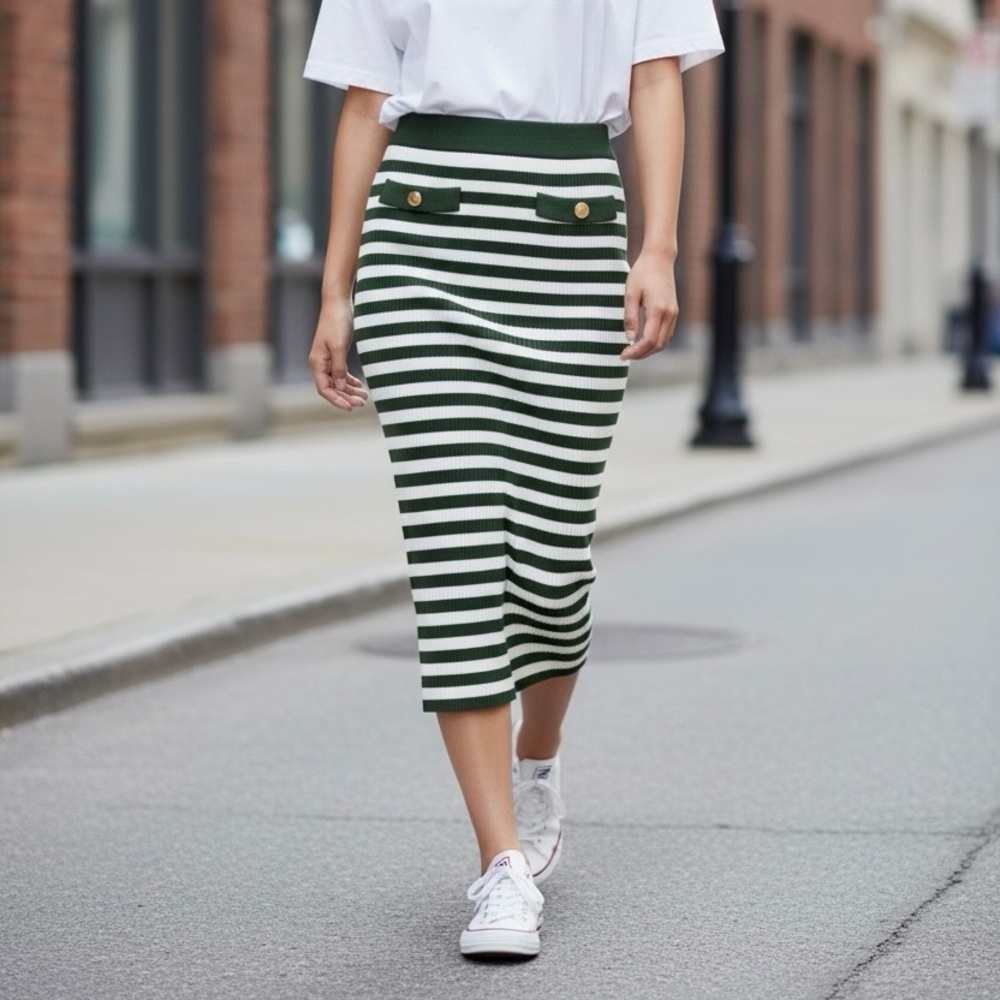 Michael Kors Striped Ribbed Midi Skirt Green White Size Small